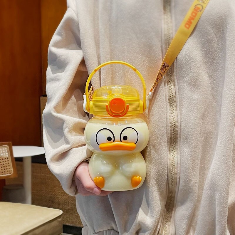 Cute Yellow Duck Plastic Bottle With Straw