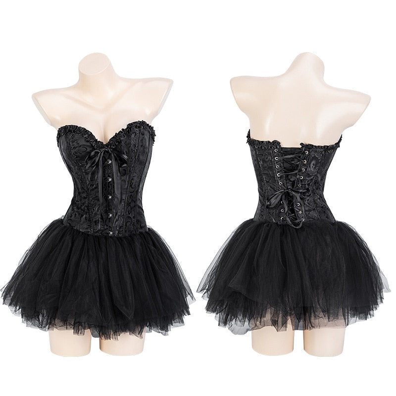 Dark Little Angel Tube Top Corset & Pompon Skirt Set