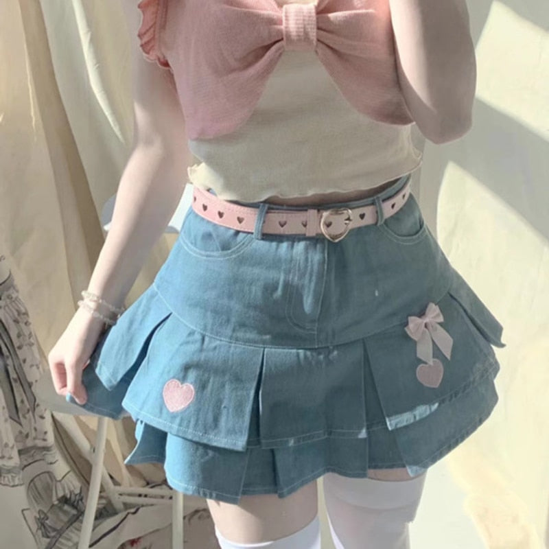 Cute Bow Tiered Denim Skirt
