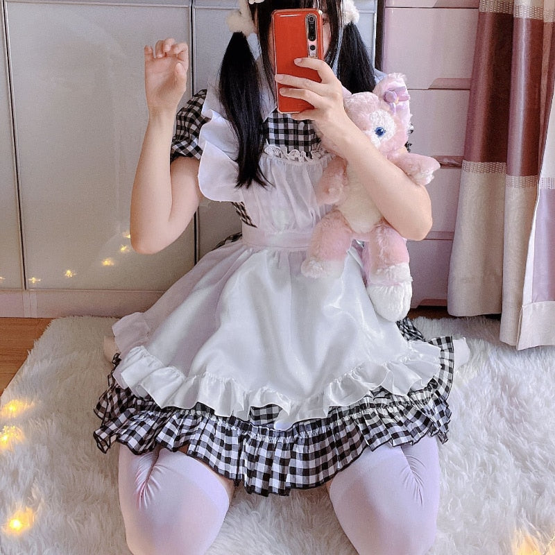 Cute Black & White Plaid Maid Uniform