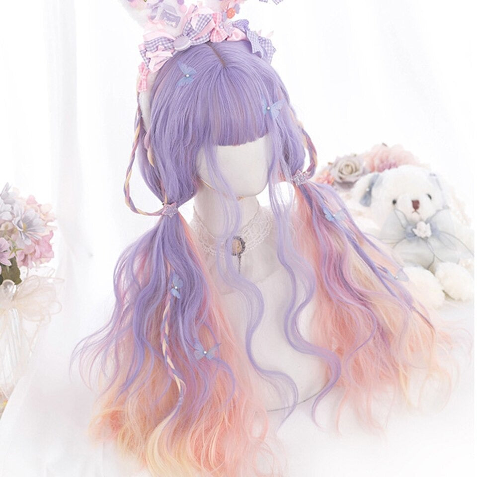 Cute Purple Pink Wavy Wig With Bangs