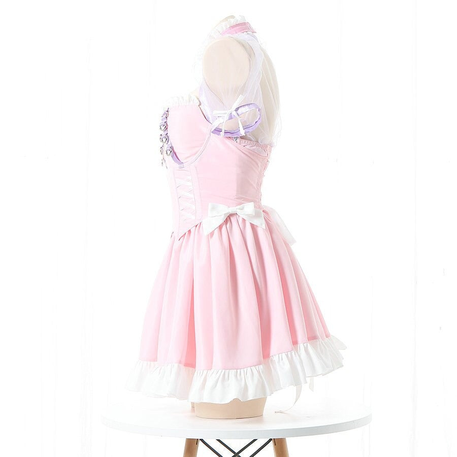 Cute Pink Princess Lace-Up Dress & Crop Top Set