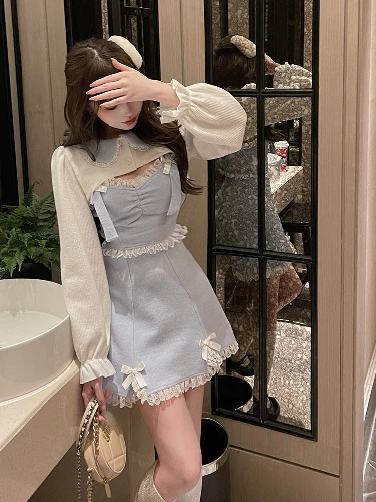 Cute Lace & Bowknots Dress & Cardigan Set
