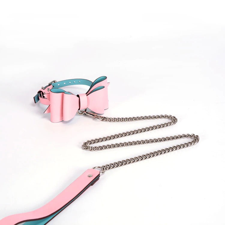 ABDL Bowknots Leather Wrist Ankle Cuffs And Collar Leash Set