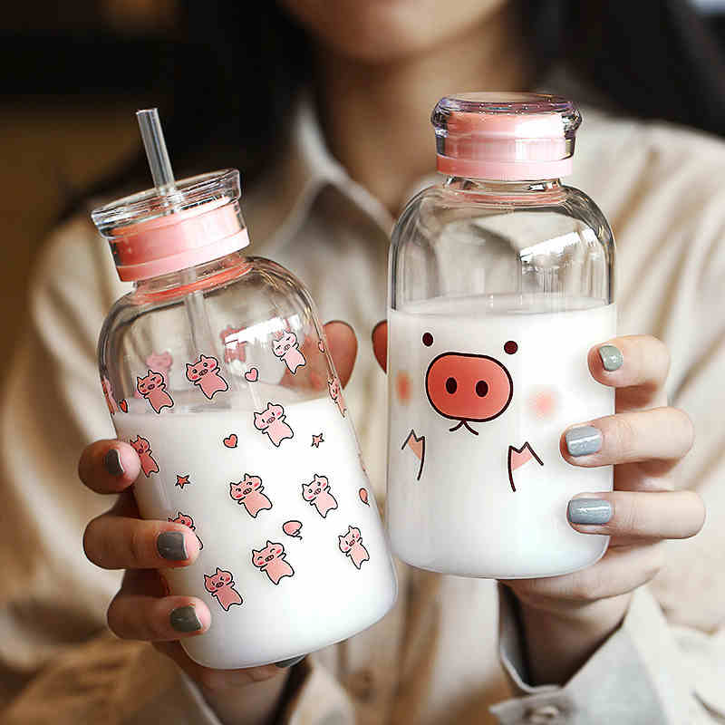 Cute Piggie Glass Milk Bottle With Straw