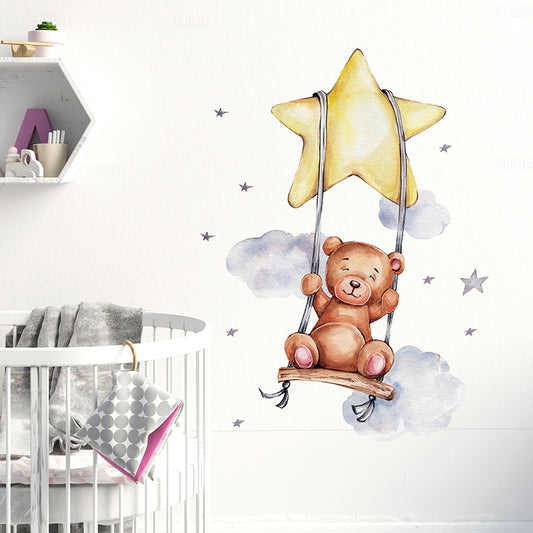 Swing Teddy Boy Bear on the Star Cloud Wall Sticker