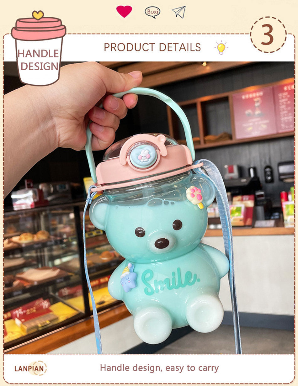 Bear Water Bottle With Straw & Strap