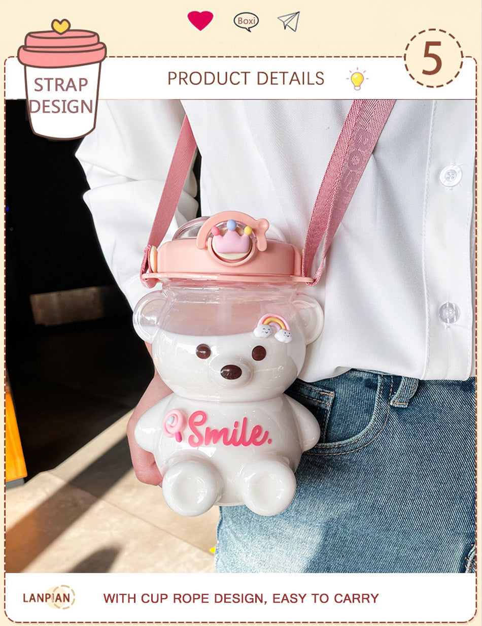 Bear Water Bottle With Straw & Strap